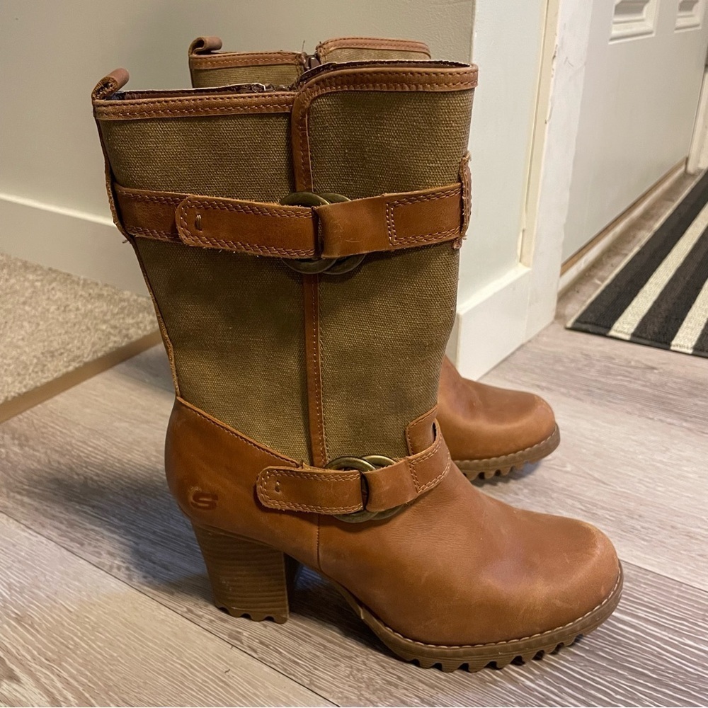 Skechers Leather Two Tone Heeled Boots Buckle Mid Calf Brown Rugged RARE